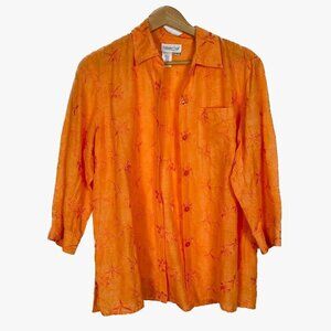 Cold Water Creek Orange Silk Blend Button Down Floral Embroidered Blouse Size: M